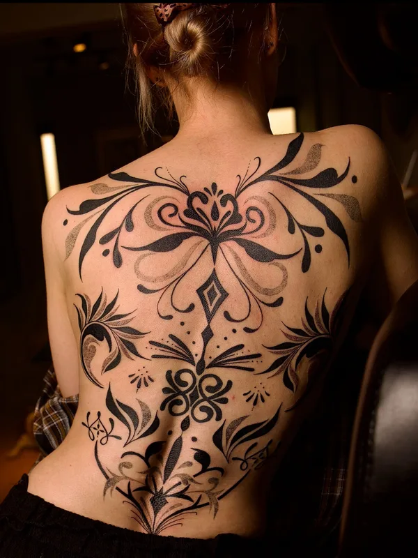 female black and grey ornamental tatouage sur full back #99390 | Artiste tatoueur Dark Autumn - Monica