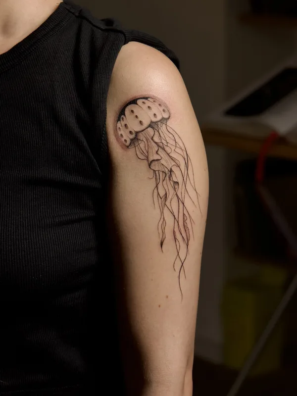 female black and grey linework tatouage sur upper arm #99395 | Artiste tatoueur Dark Autumn - Monica
