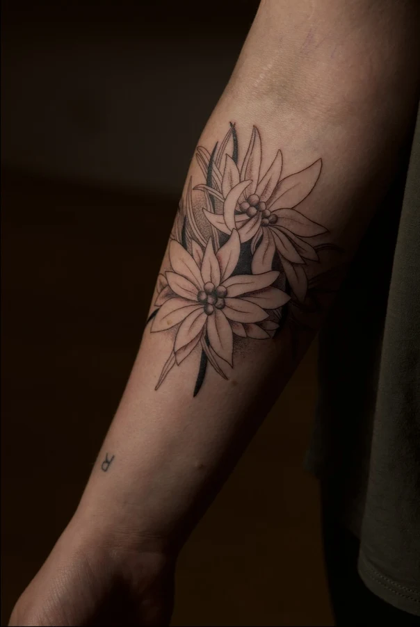 Fineline Flowers, Leaves tattoo on Forearm