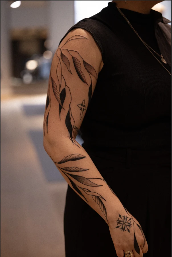 Linework Leaves, Floral tattoo on Forearm