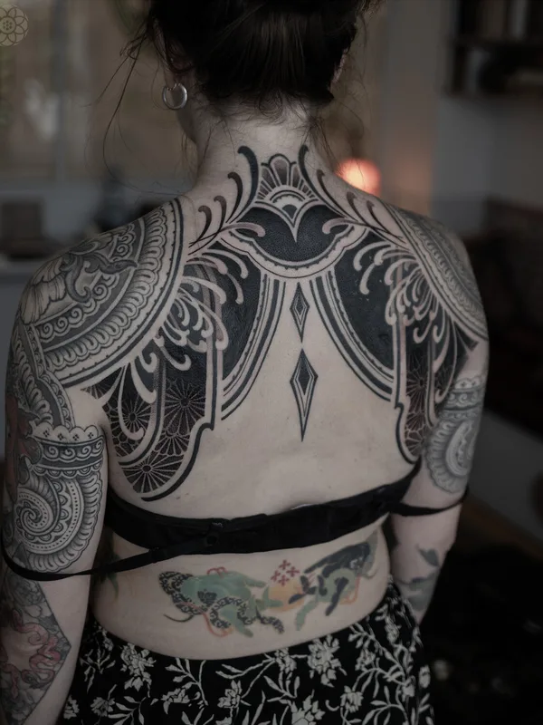 female black blackwork tattoo on full back #99532 | Tattoo Artist Jihoon