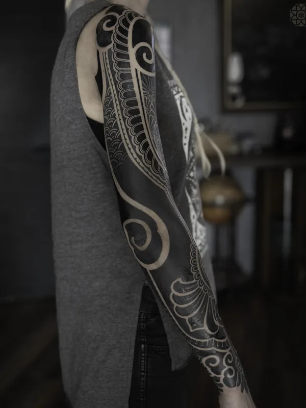 female black blackwork tattoo on full sleeve #99537 | Tattoo Artist Jihoon