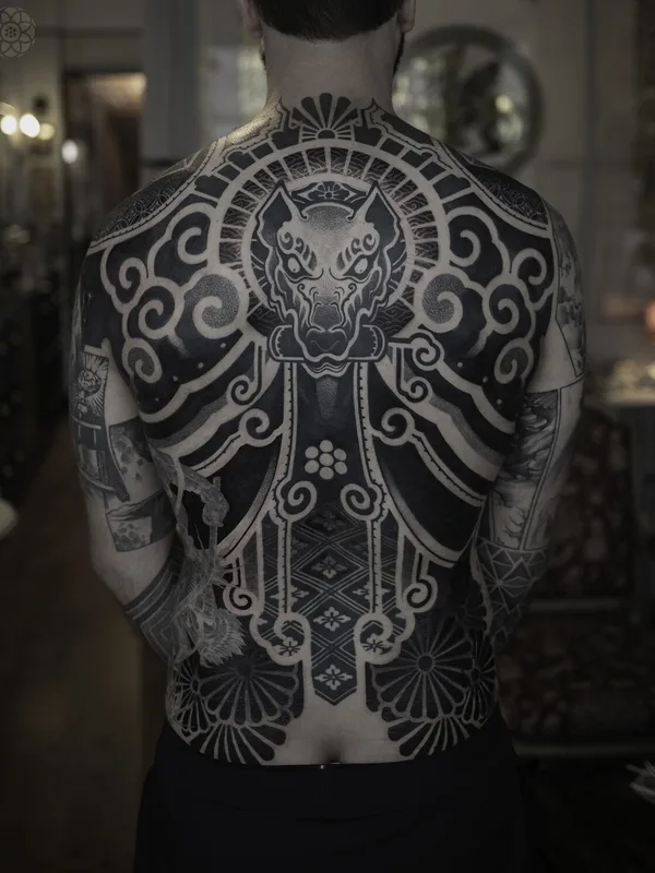 male black blackwork tattoo on full back #99538 | Tattoo Artist Jihoon