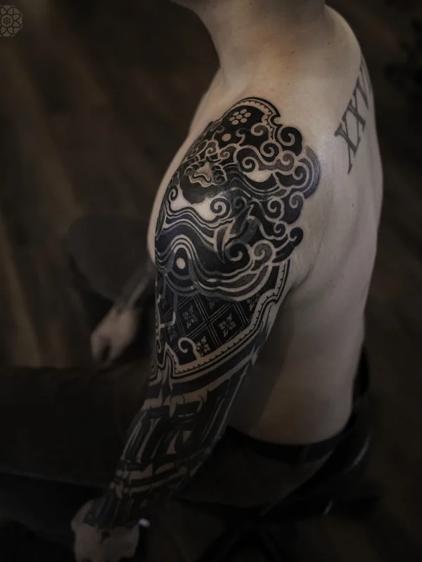 black blackwork tattoo on full sleeve #99539 | Tattoo Artist Jihoon