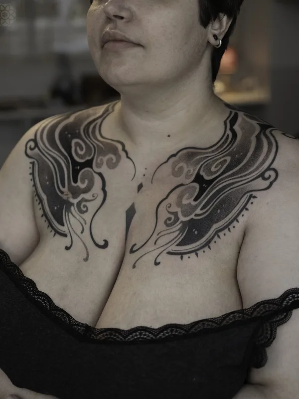 female black and grey blackwork tattoo on chest #99540 | Tattoo Artist Jihoon