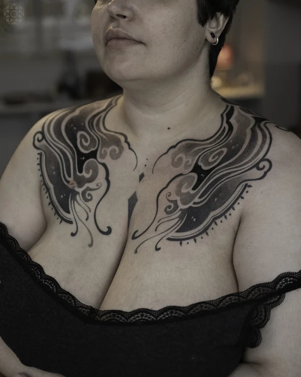 Blackwork Clouds, Abstract tattoo on Chest