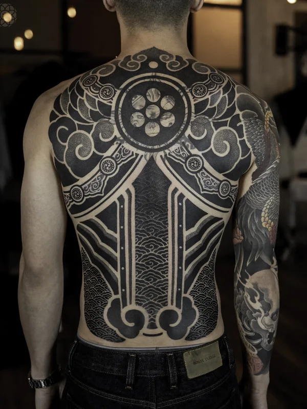 male black blackwork tattoo on full back #99542 | Tattoo Artist Jihoon