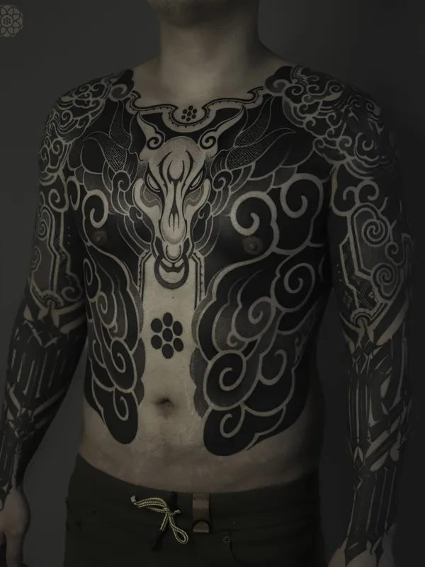 male black and grey blackwork tattoo on full chest #99543 | Tattoo Artist Jihoon