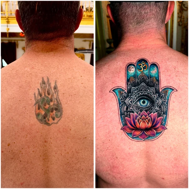 Illustrative Hamsa, Lotus tattoo on Upper Back