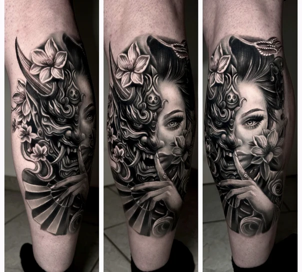 Black & Grey Mask, Flowers tattoo on Calf