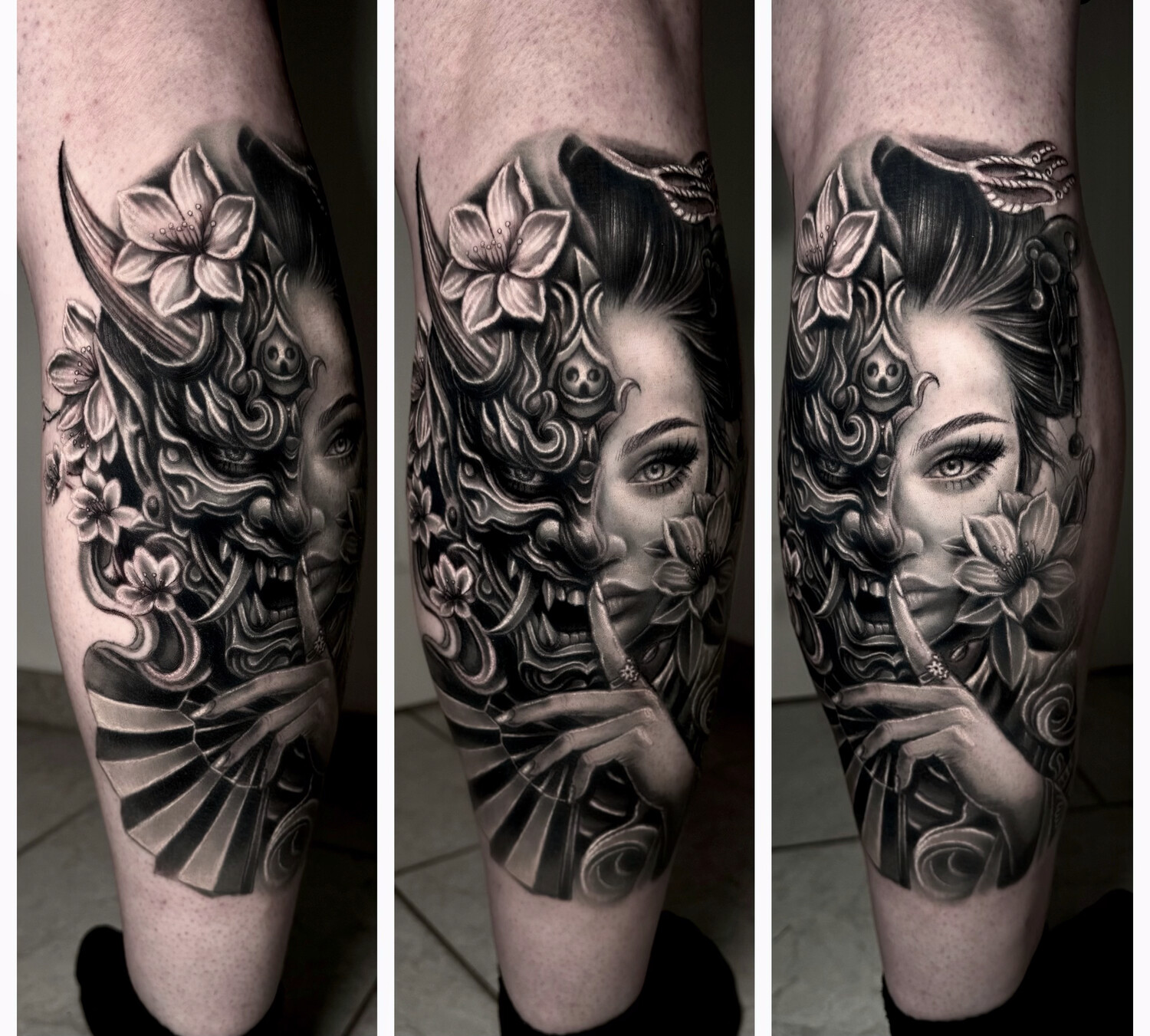 Black & Grey Mask, Flowers tattoo on Calf