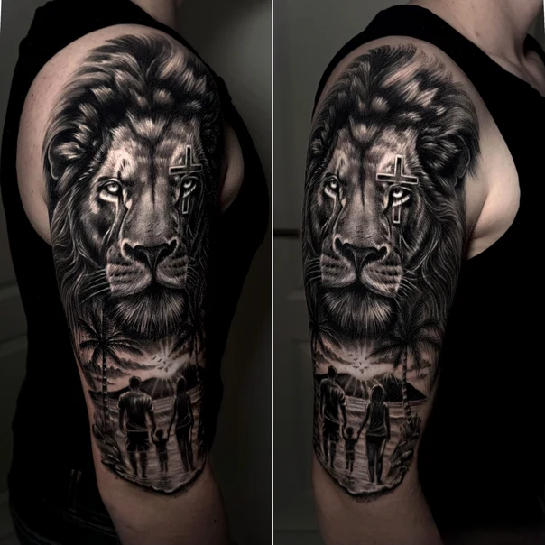 Realism Lion, Cross tattoo on Upper Arm