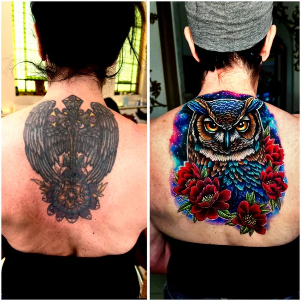 Illustrative Owl, Flowers tattoo on Upper Back