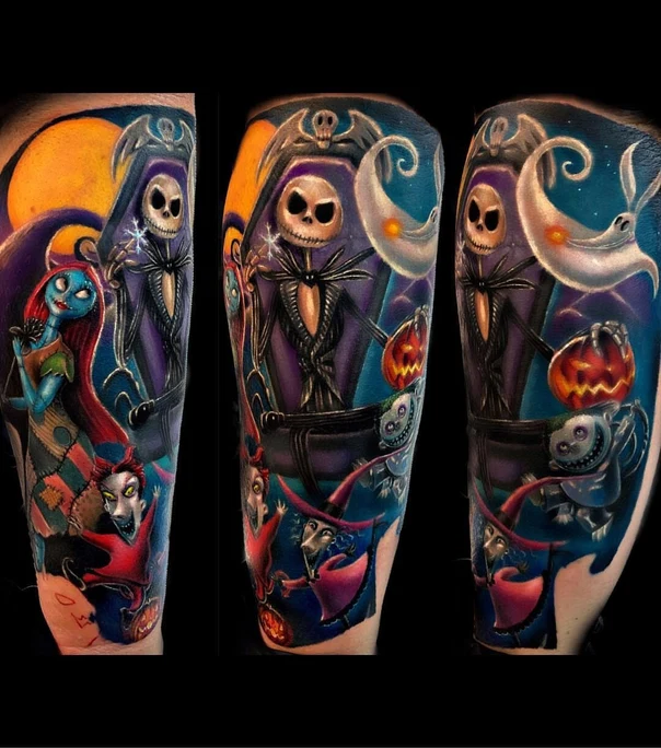 Illustrative Jack skellington, Sally tattoo on Full Sleeve
