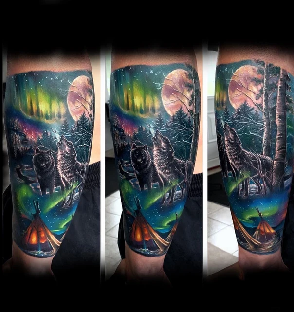 Realism Wolf, Landscape tattoo on Forearm