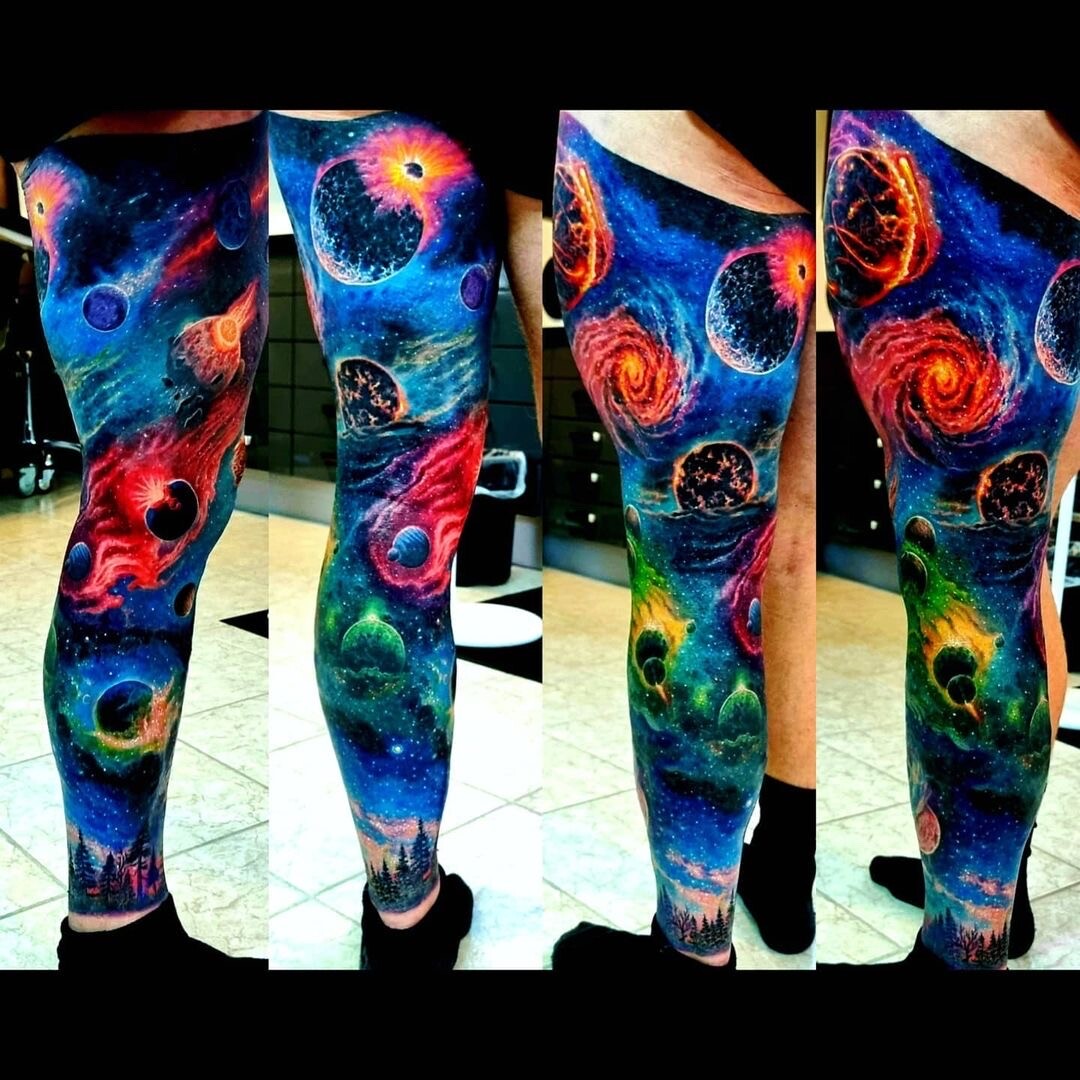 Watercolor Galaxy, Planets tattoo on Full leg