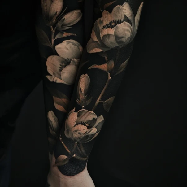 Blackwork Flowers, Leaves tattoo on Full Sleeve