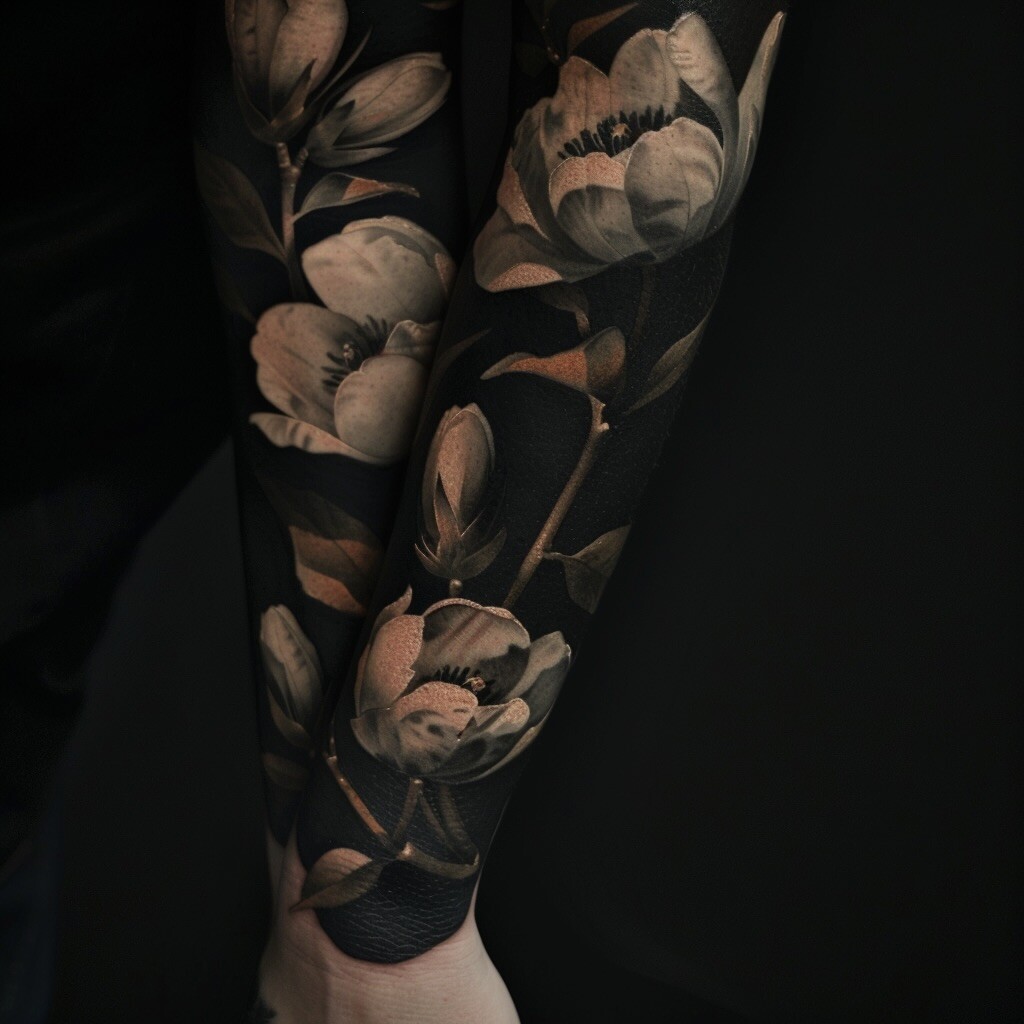Blackwork Flowers, Leaves tattoo on Full Sleeve
