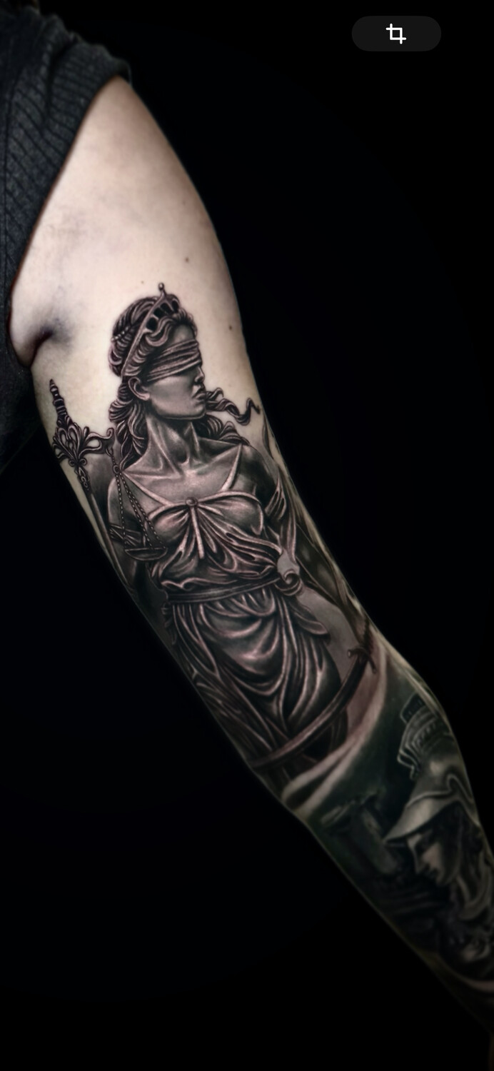 Realism Lady justice, Statue tattoo on Full Sleeve
