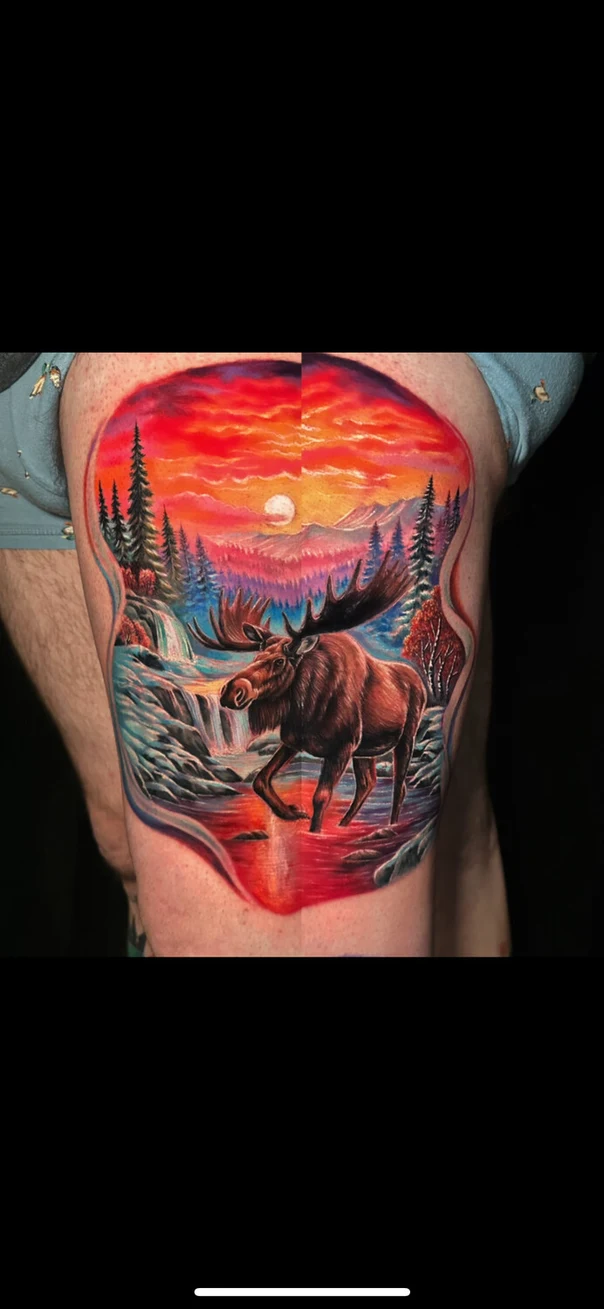 Realism Moose, Landscape tattoo on Thigh