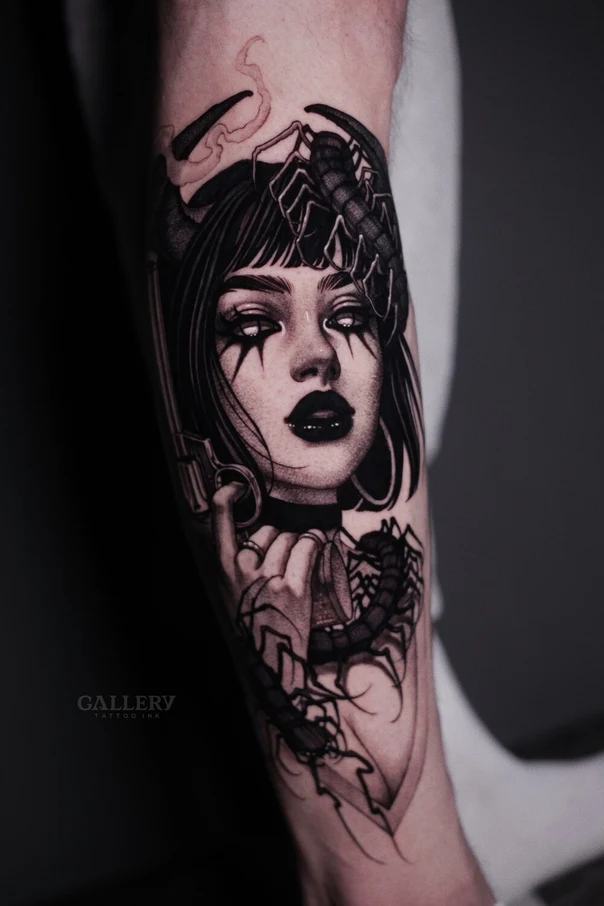 Blackwork Woman, Scorpion tattoo on Forearm