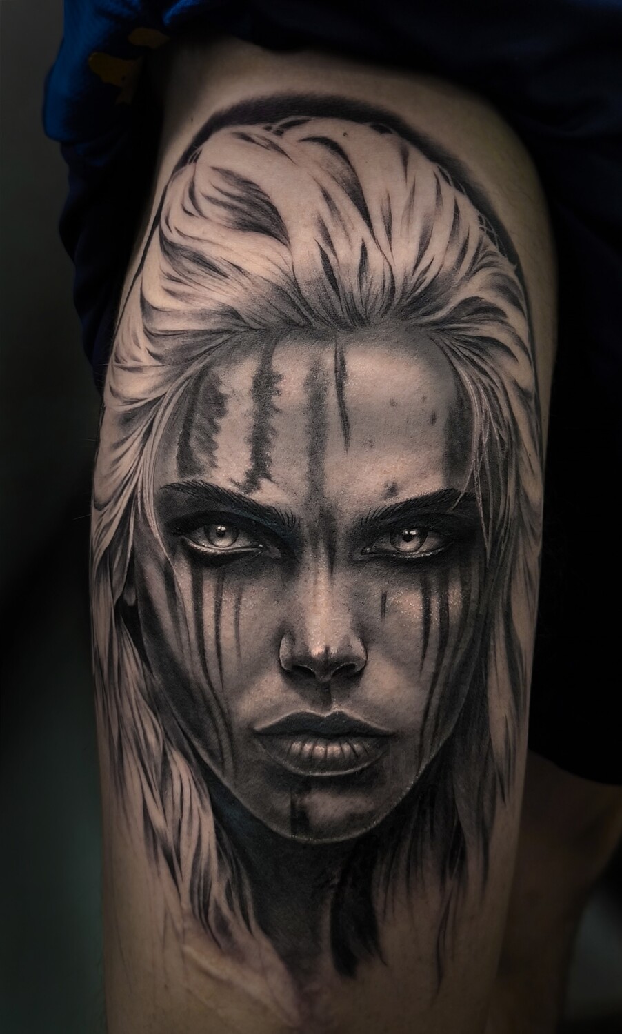 Realism Portrait, Face tattoo on Thigh