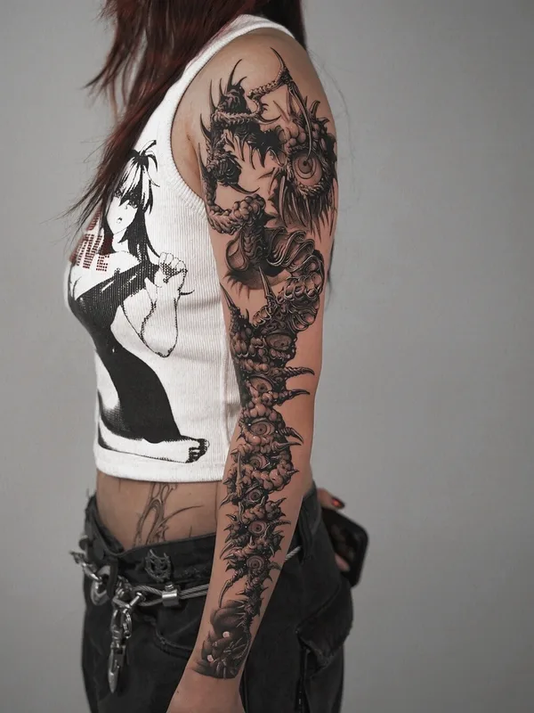 female black and grey biomechanical tattoo on full sleeve #99587 | Tattoo Artist YUJHI