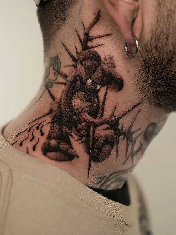 male black and grey blackwork tattoo on neck #99591 | Tattoo Artist YUJHI