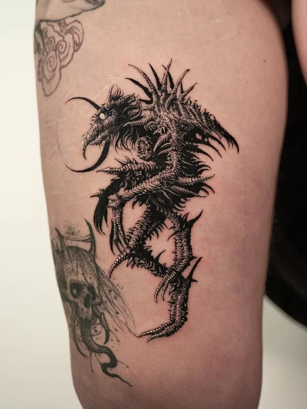 black blackwork tattoo on thigh #99592 | Tattoo Artist YUJHI