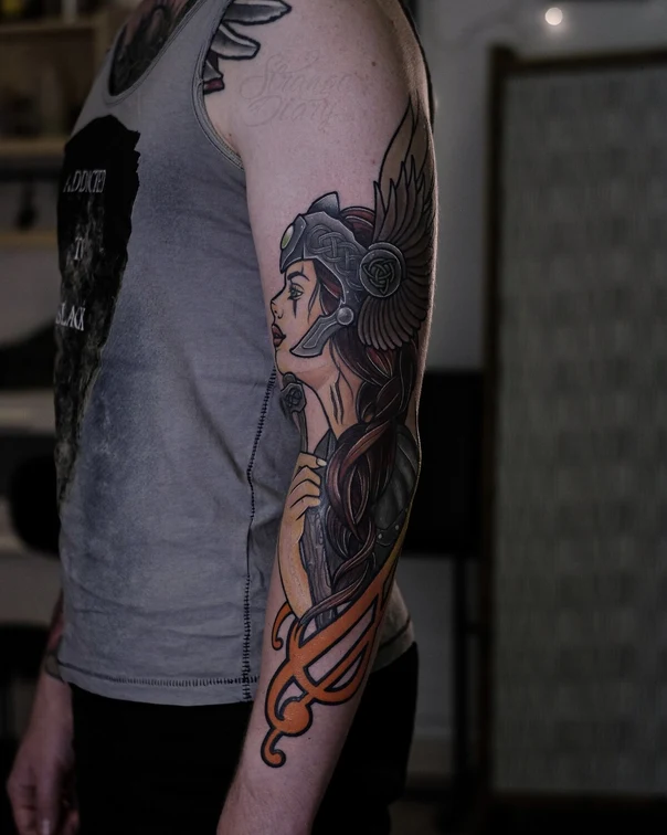 Neo-traditional Woman, Wings tattoo on Full Sleeve
