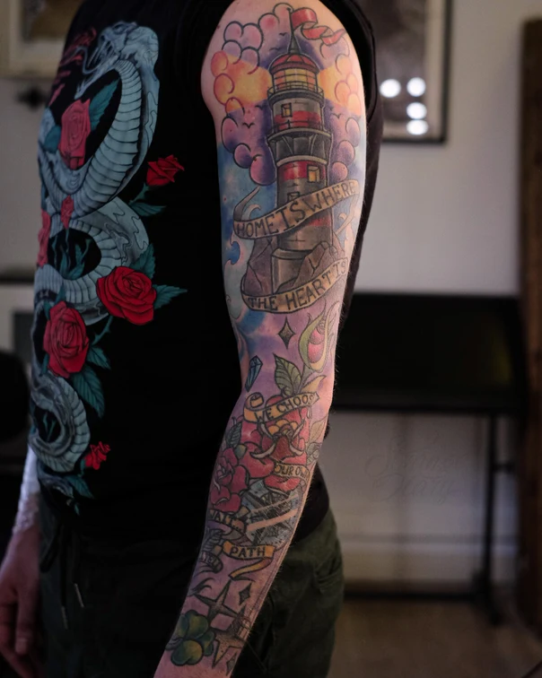Neo-traditional Lighthouse, Roses tattoo на Полный рукав