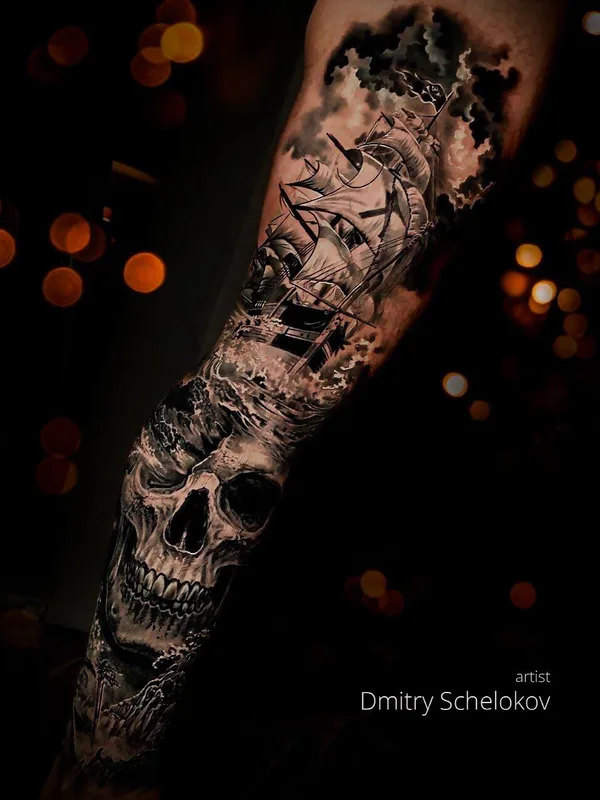 black and grey realism tattoo auf full sleeve #100096 | Tätowierer Щелоков Дмитрий