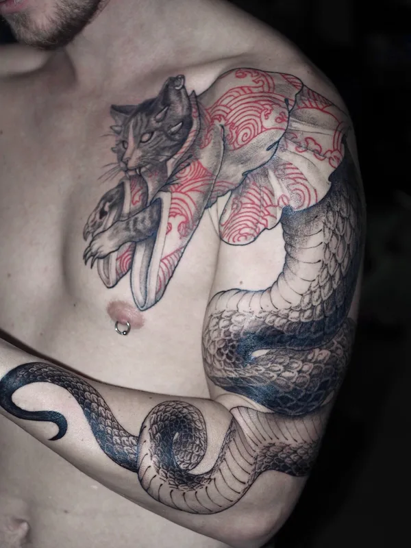 male black and grey japanese tattoo auf full sleeve #100116 | Tätowierer Ирина Матвеева 