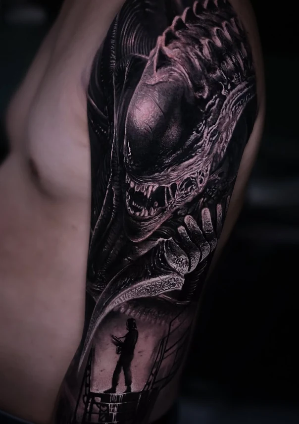 Black & Grey Alien, Horror tattoo on Full Sleeve