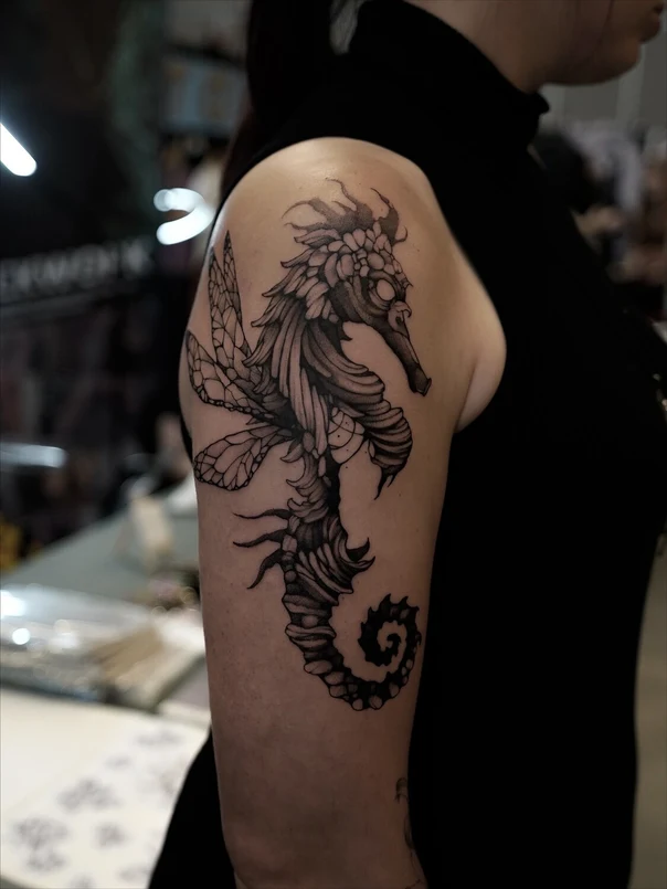 Illustrative Seahorse, Floral tattoo on Shoulder
