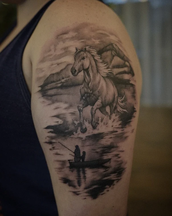 Realism Horse, Landscape tattoo on Shoulder