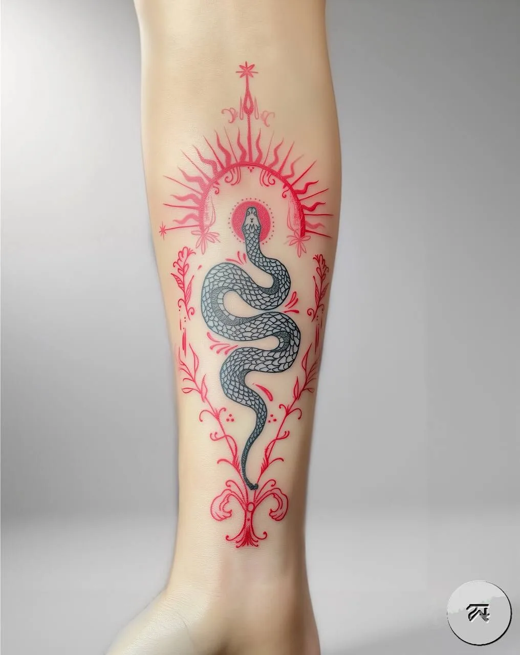 A detailed tattoo of a stylized snake surrounded by ornamental floral elements and a sun design, blending cultural motifs.