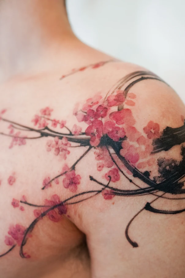 Watercolor Cherry blossom, Botanic tattoo on Shoulder