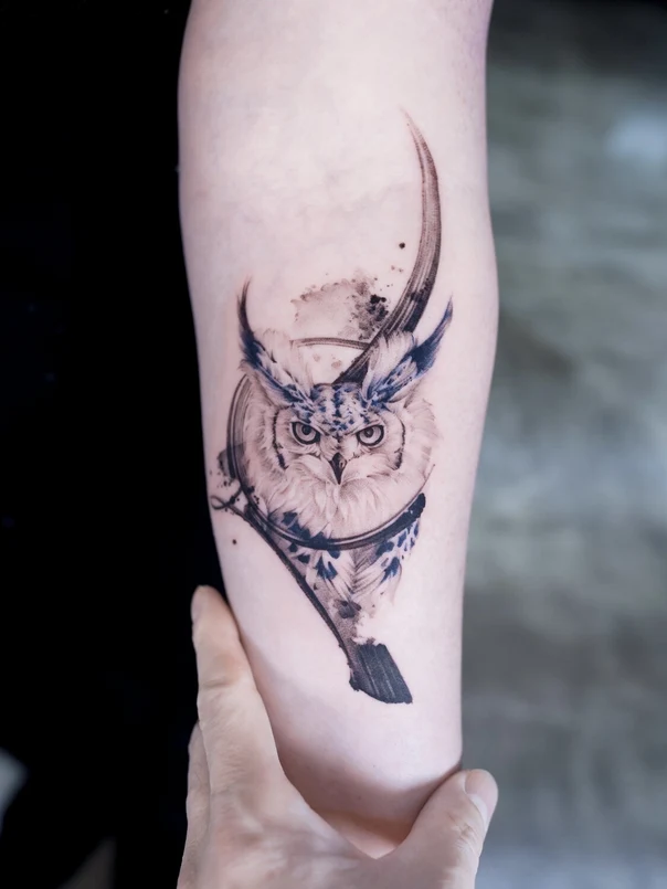 Illustrative Owl, Abstract tattoo on Forearm