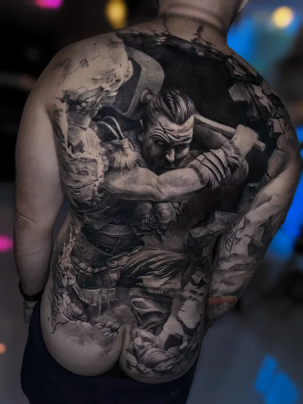male black and grey realism 纹身 在 full back #101055 | 纹身师 Vladimir Vishar