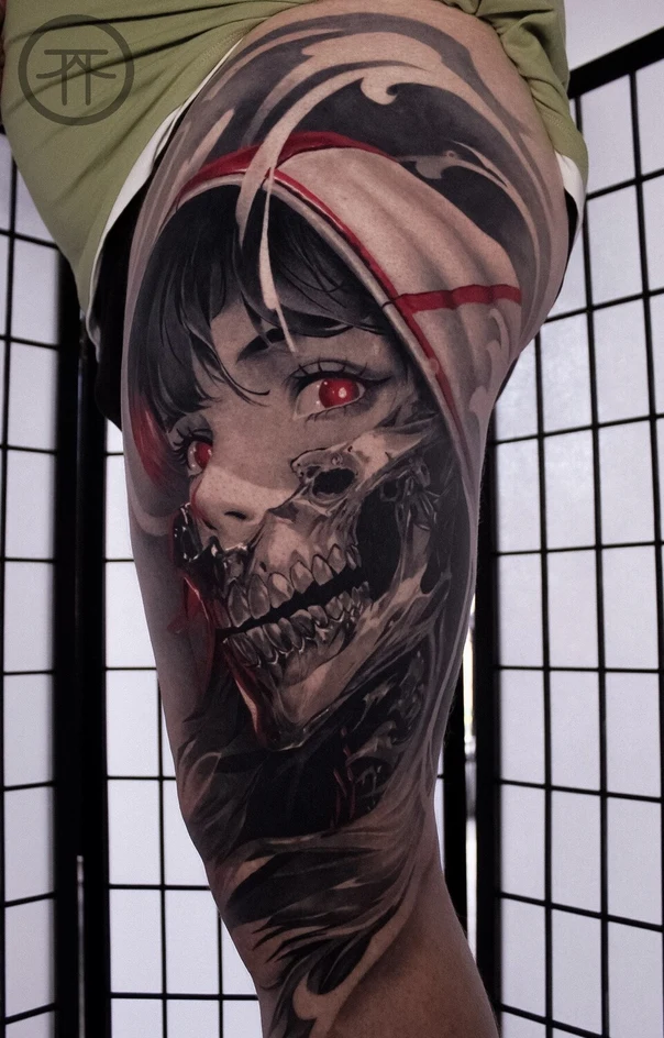 Аниме Skull, Portrait tattoo на Thigh