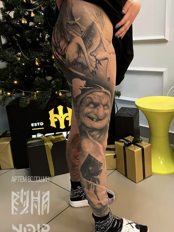 black and grey black and grey Tatuagem em full leg #101106 | Tatuador Артем Волошин