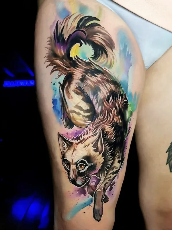 female color watercolor tattoo on thigh #101468 | Tattoo Artist Егор Хлуднев