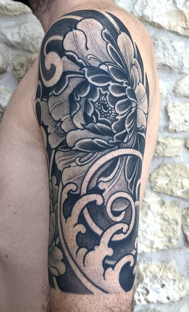 Japanese Floral, Waves tattoo on Shoulder