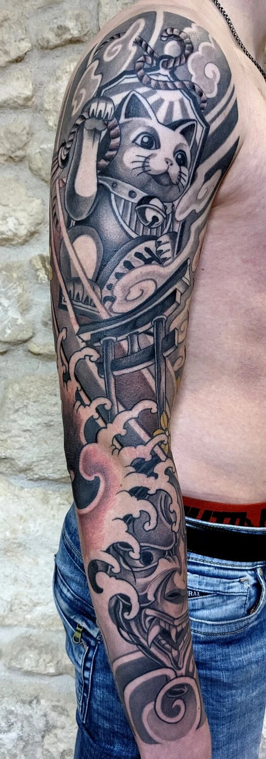 Japanese Cat, Waves tattoo on Full Sleeve