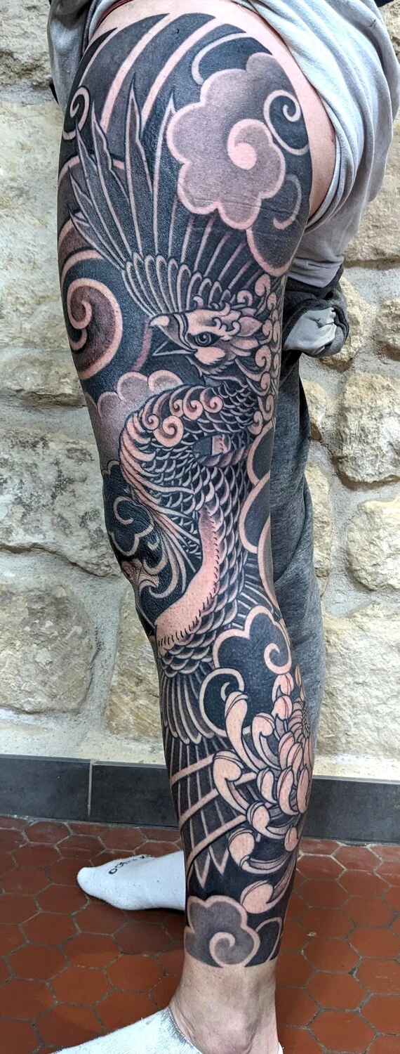 Japanese Phoenix, Clouds tattoo on Full leg