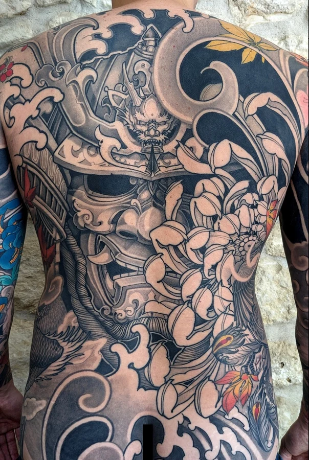Japanese Mask, Flowers tattoo on Full Back