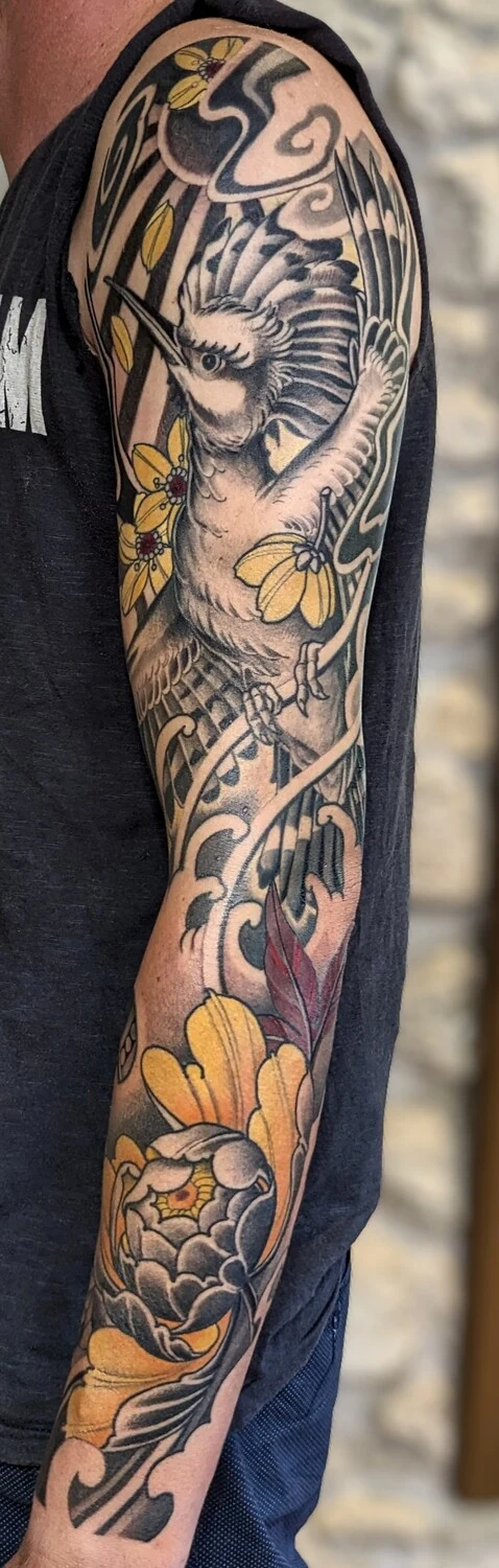 Japanese Bird, Flowers tattoo on Full Sleeve