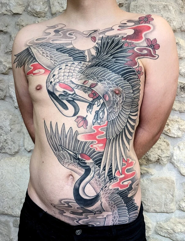 Japanese Crane, Flowers tattoo on Chest