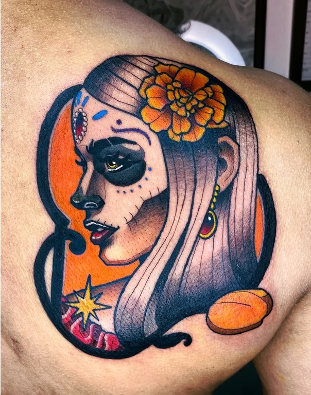 Neo-traditional Day of the dead, Flower tattoo on Shoulder
